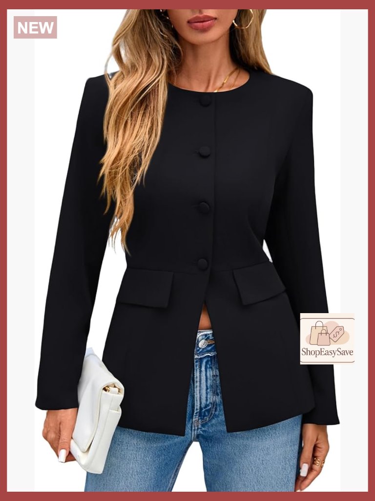 Modern Fitted Blazer Long Sleeve Crewneck Button Down Work Office Casual